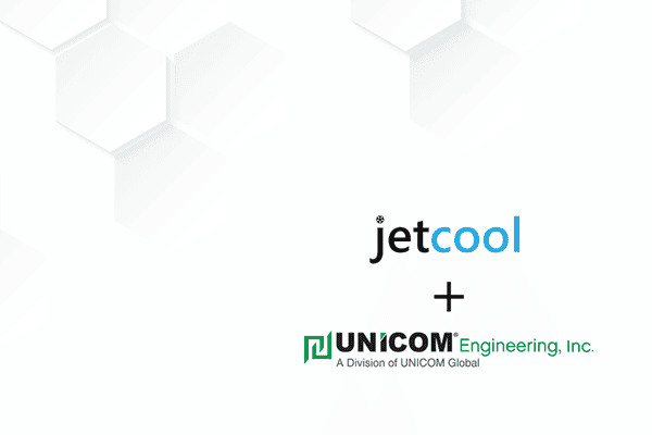 jetcool and UNICOM Engineering logos on white background with hexagon pattern