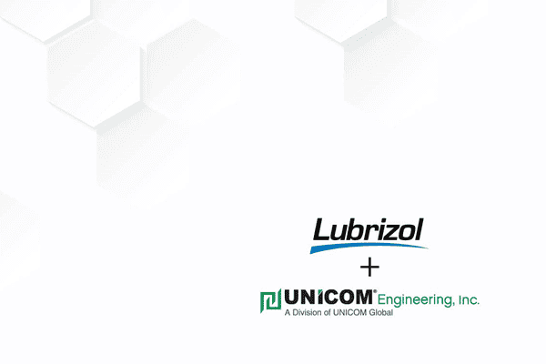 Lubrizol and UNICOM Engineering logos on white background with hexagon pattern