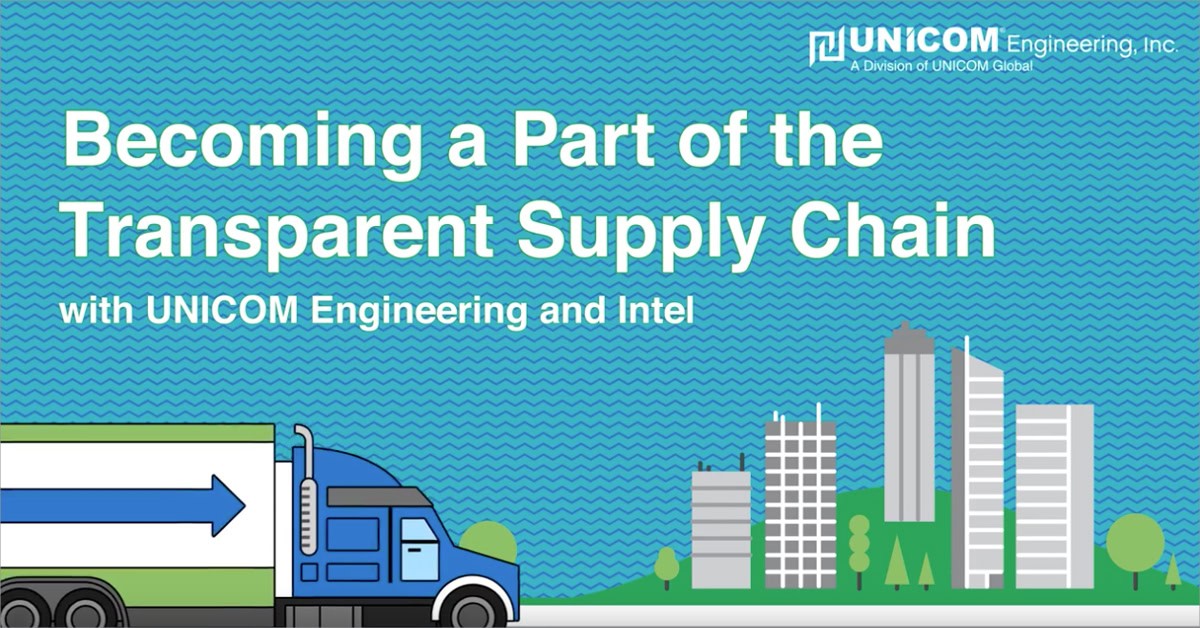 A computer generated picture of a semi-truck driving toward a city with 'Becoming Part of the Transparent Supply Chain with UNICOM Engineering and Intel'