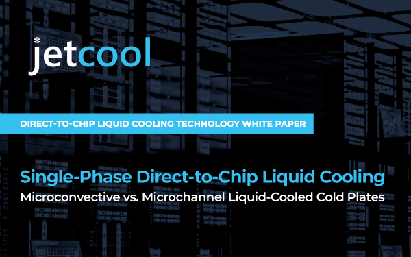 abstract server background with jetcool Single-Phase Direct-to-Chip Liquid Cooling white paper text