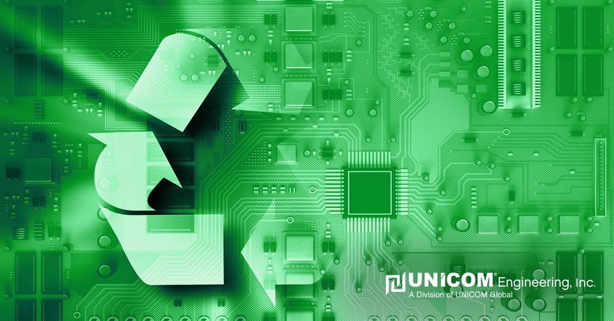 Green abstract technology design with a recycling symbol and UNICOM's logo
