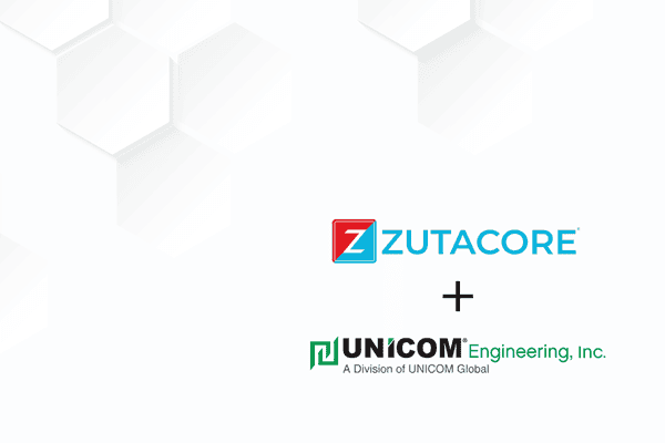 Zutacore and UNICOM Engineering logos on white background with hexagon pattern