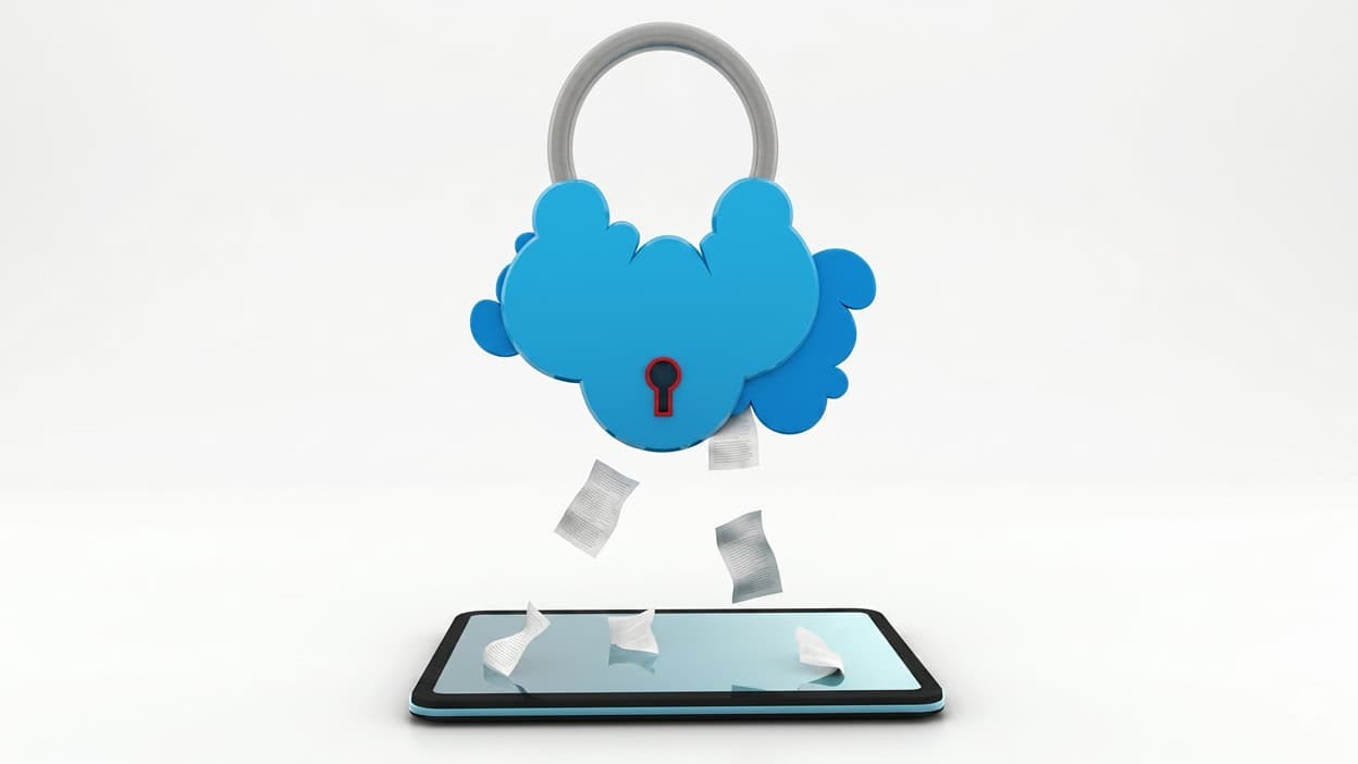 A blue cloud with a keyhole hovering over technology