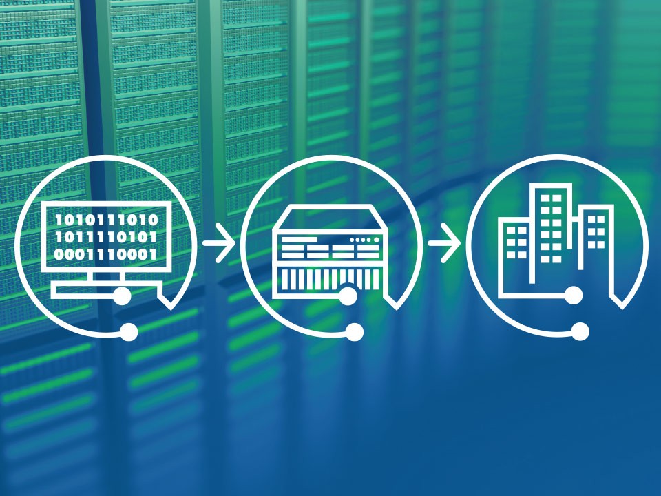 abstract design of a server stack with fluorescent green and light blue colouring