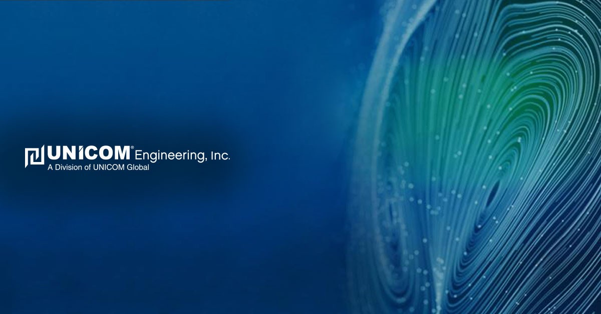 Blue and green abstract background with UNICOM Engineering's logo