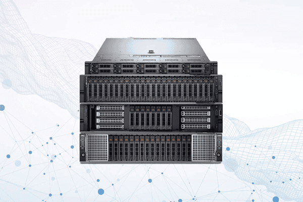 stacked servers on a white background with a network pattern