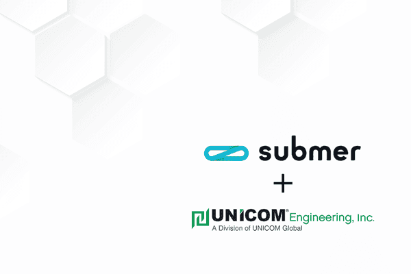 Submer and UNICOM Engineering logos on white background with hexagon pattern